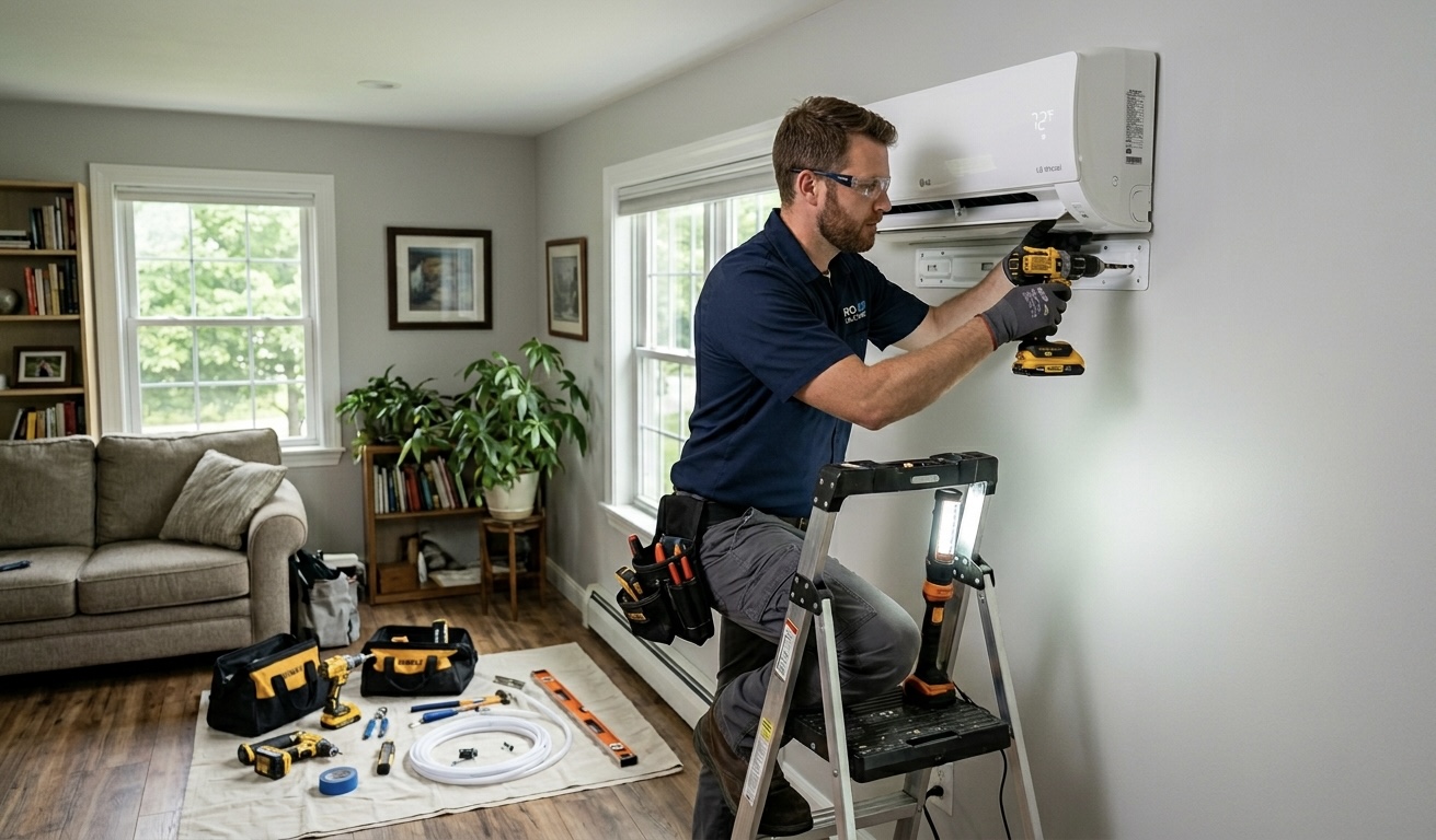 Artic Mini Splits technician installing a ductless mini split unit in a Dallas home